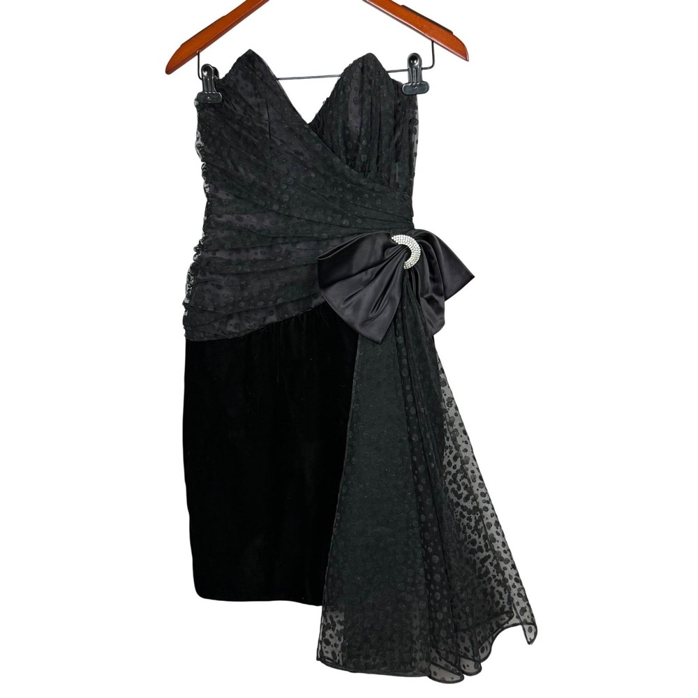 Vintage 1960s Morton Myles Black Velvet Cocktail Dress Flocked Polka Dot Bow Sz4